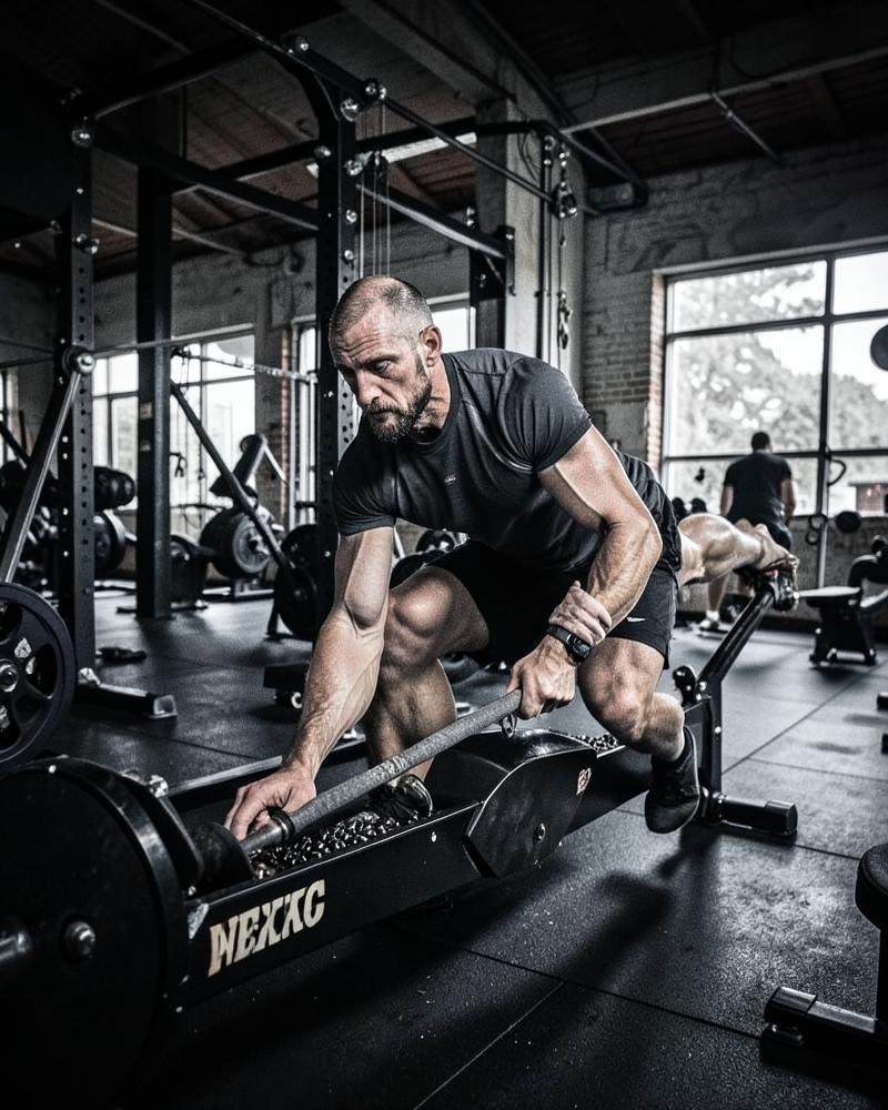 Coach demonstrating rowing technique in the gym