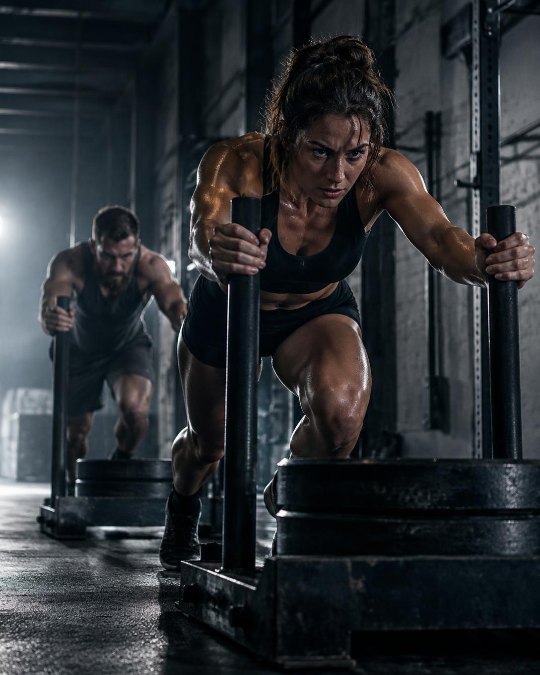 Two athletes pushing loaded sleds across the gym floor